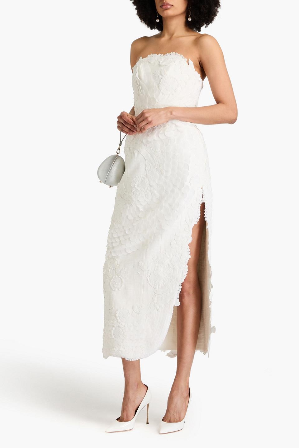 Strapless Bead-embellished Cotton And Linen-blend Midi Dress In Off-white Product Image