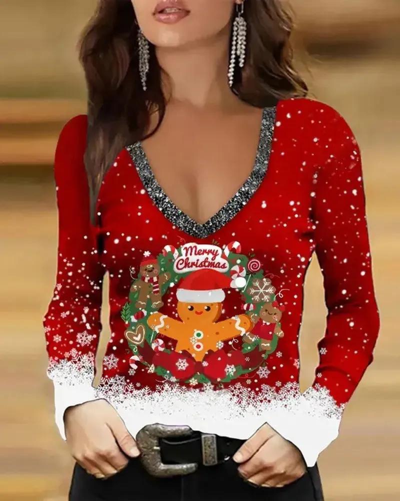 Olivia Mark – Merry Christmas Gingerbread Man Print V-Neck Top product image