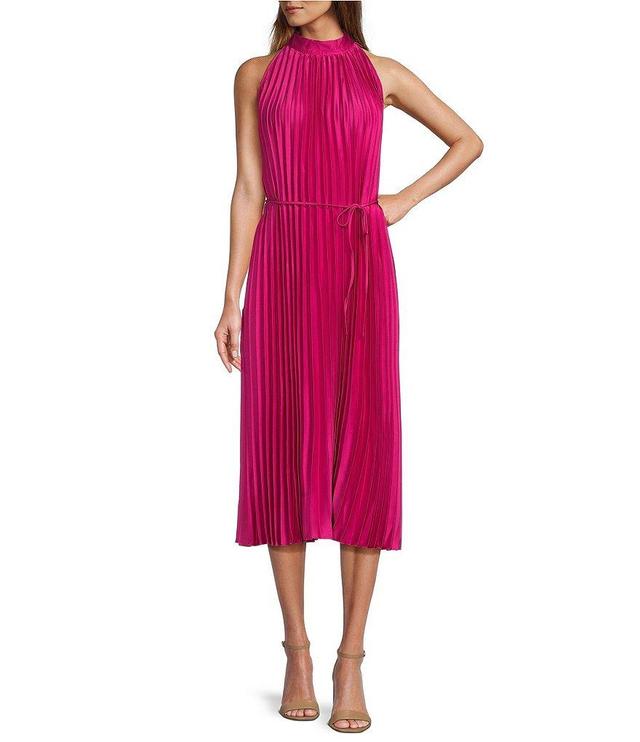 Sam Edelman Pleated Mock Neck Sleeveless Tie Waist Midi Dress Product Image