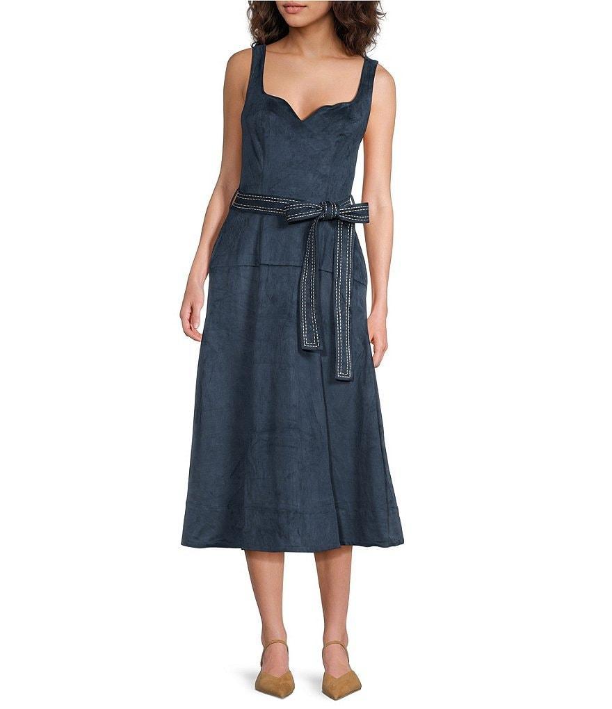 En Saison Robin Vegan Suede Sweetheart Neck Sleeveless Blanket Stitch Belted Midi Dress product image