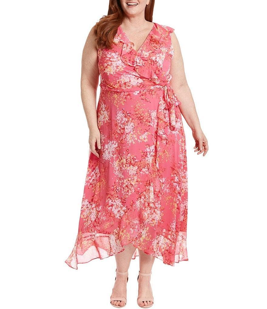 London Times Plus Size Sleeveless Ruffle V-Neck Tie Waist Printed Faux Wrap Maxi Dress Product Image