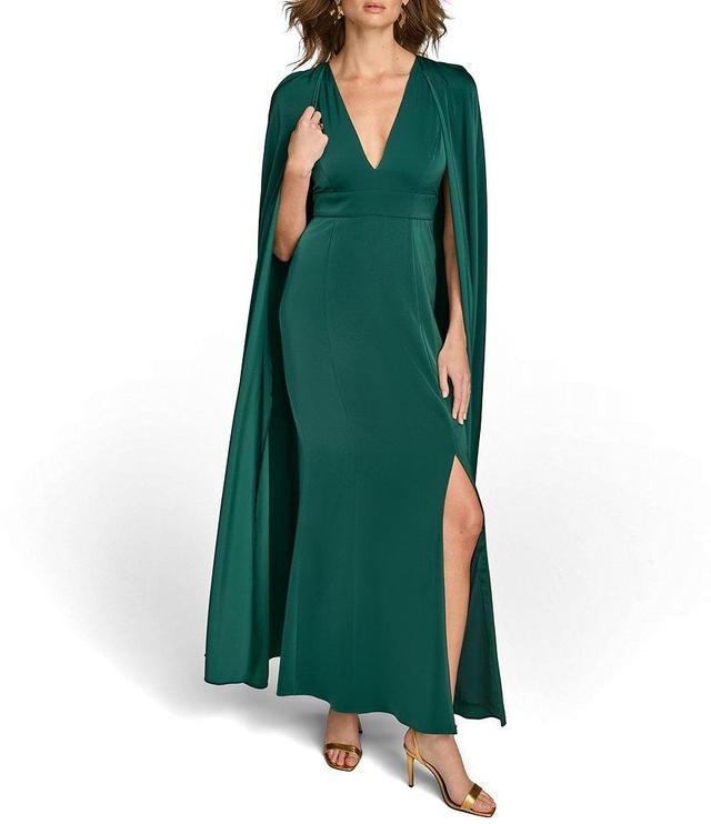 Donna Karan Satin Plunge V-Neck Cape A-Line Gown Product Image