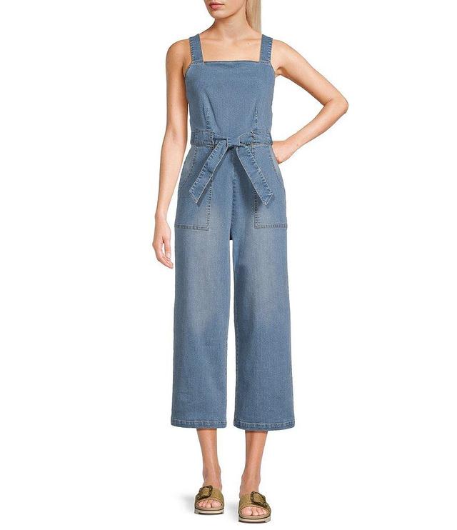 Copper Key Sleeveless Tie Waist Stretch Denim Jumpsuit Product Image