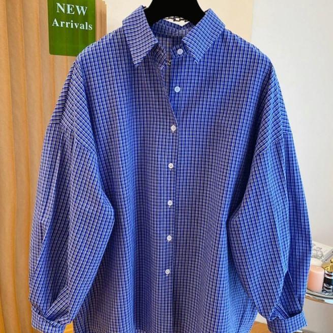 Long-Sleeve Plaid Slit Back Shirt Product Image