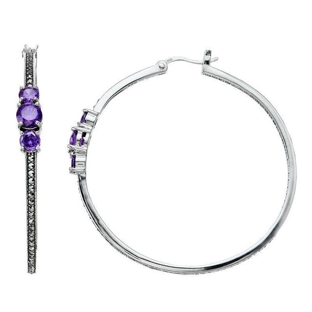 Lavish by TJM Sterling Silver Purple Cubic Zirconia & Marcasite Hoop Earrings, Womens Product Image