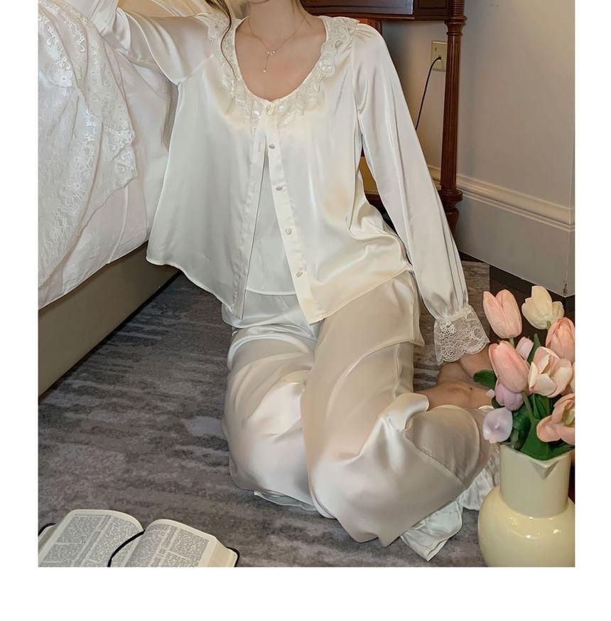 Pajama Set: Plain Lace Trim Camisole Top + Shirt + Ruffle Pants Product Image