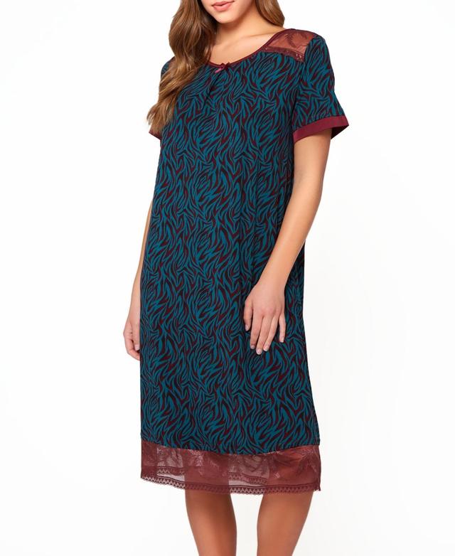 Womens Zebra Patterned Sleep Shirt with Lace Detail and Bow Accent - Teal-Burgundy Product Image