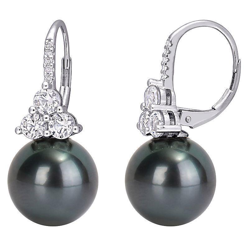 Stella Grace 10k White Gold Tahitian Cultured Pearl, Lab-Created White Sapphire & Diamond Accent Leverback Earrings, Womens, Black Product Image