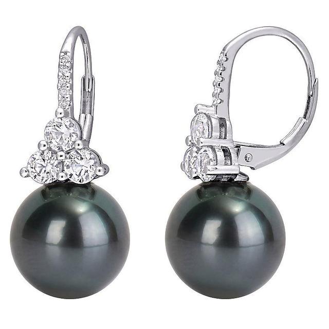 Stella Grace 10k White Gold Tahitian Cultured Pearl, Lab-Created White Sapphire & Diamond Accent Leverback Earrings, Womens, 10k Gold Product Image