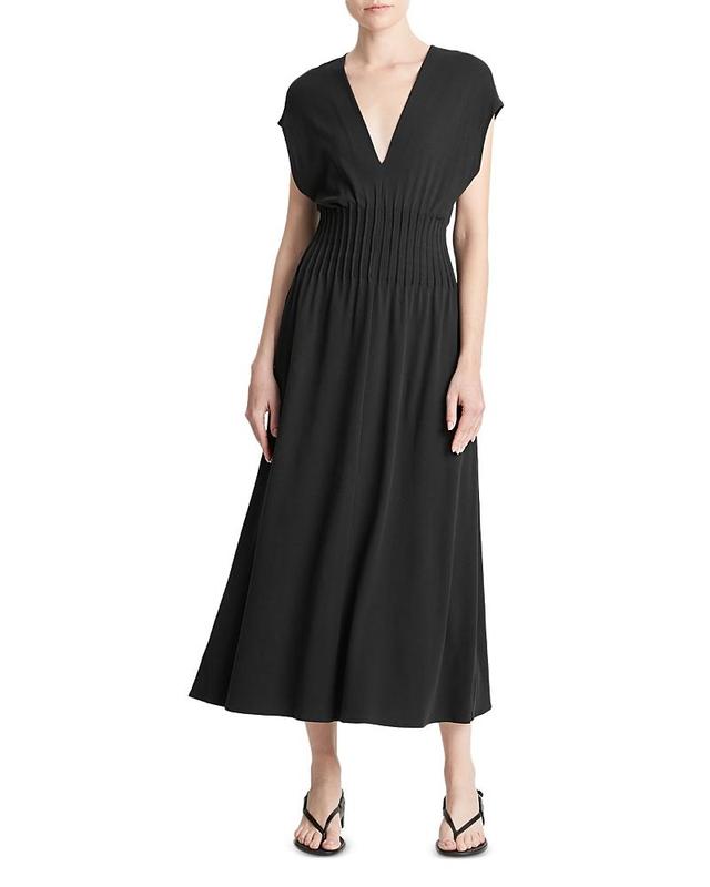 Pintuck V-Neck Short-Sleeve Midi A-Line Dress Product Image