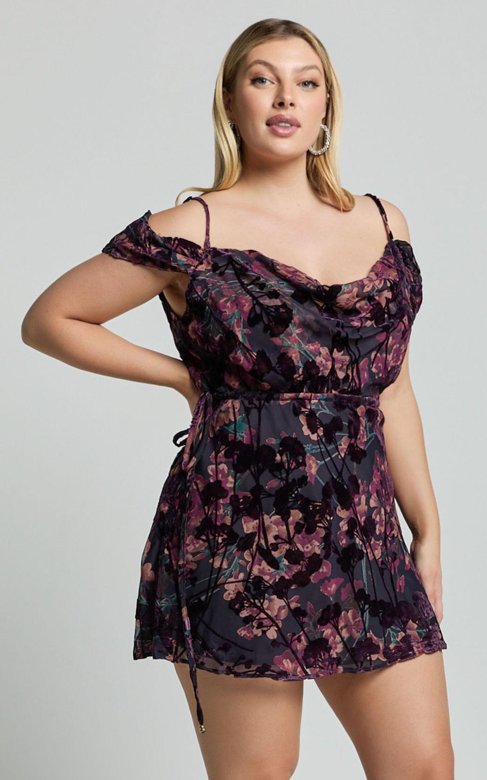 Aletta Mini Dress - Strappy Off Shoulder Cowl Neck Dress in Aletta Burn Out Floral Product Image