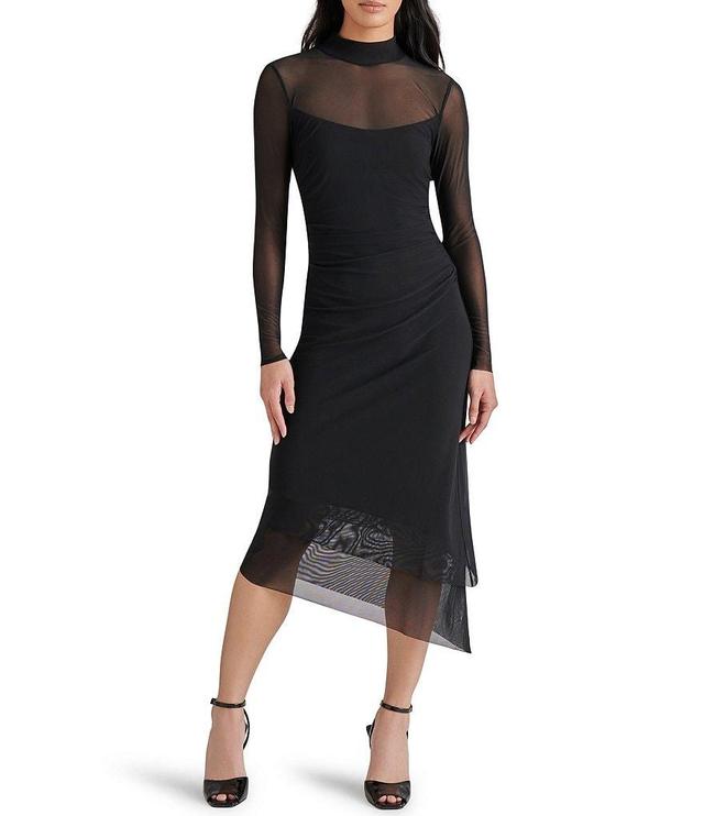 Steve Madden Blare Mesh Mock Neck Long Sleeve Asymmetrical Hem Midi Dress Product Image