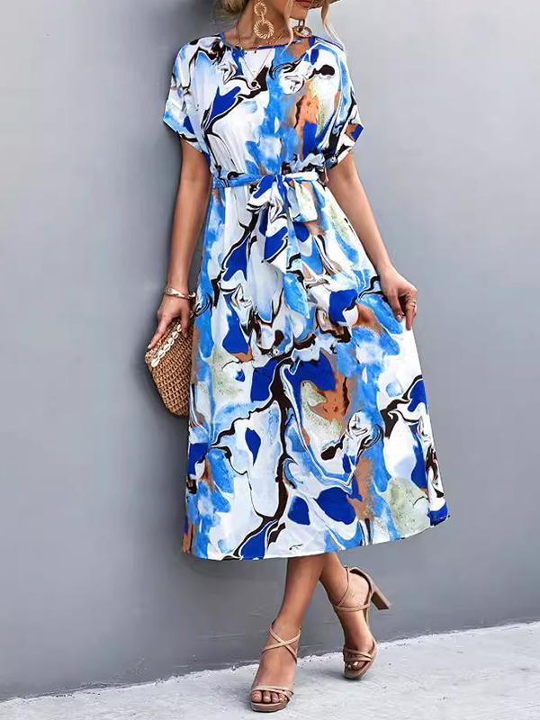 A-Line Loose Hollow Printed Tied Waist Round-Neck Midi Dresses Product Image