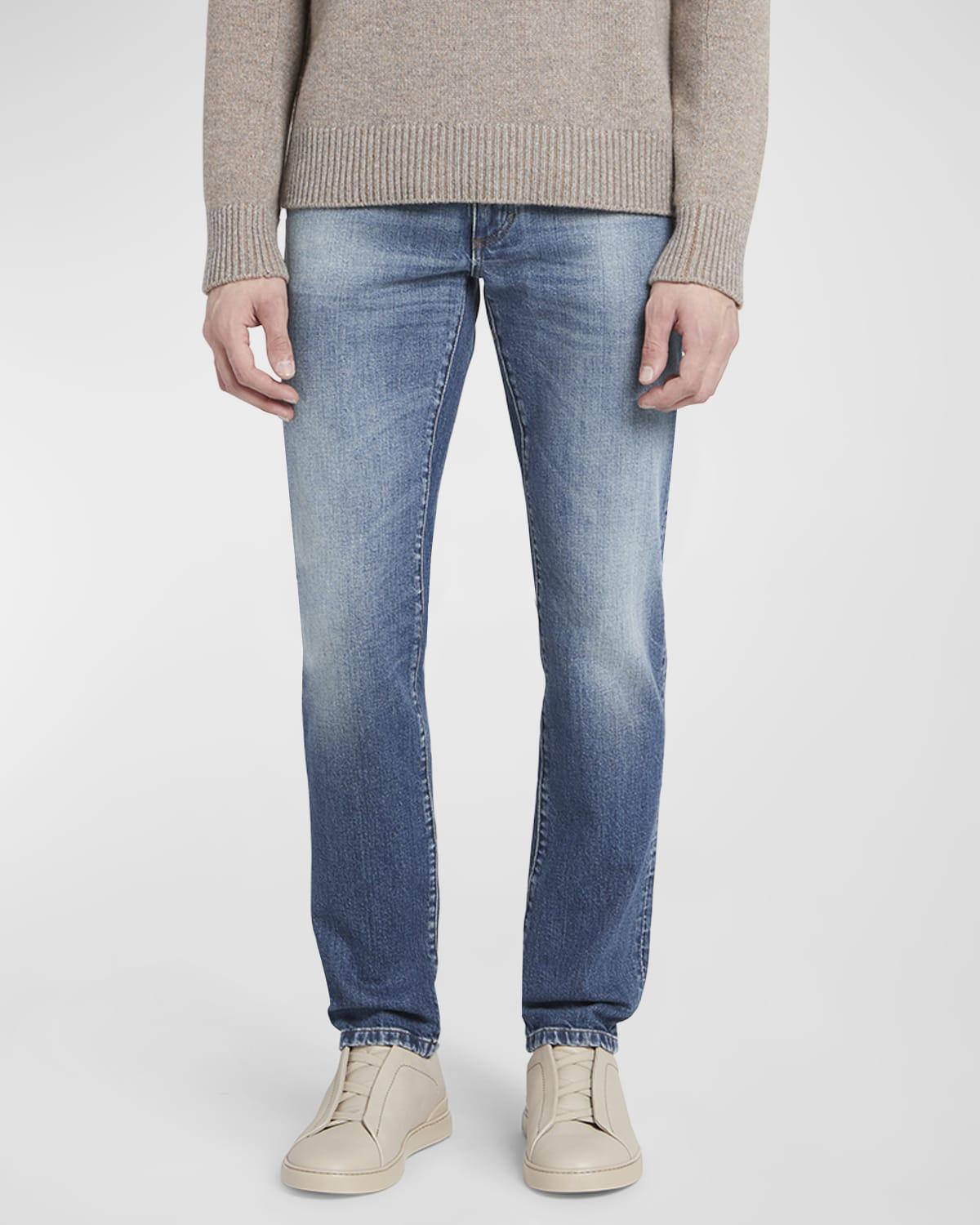 Mens Washed Denim Straight Leg Jeans Product Image