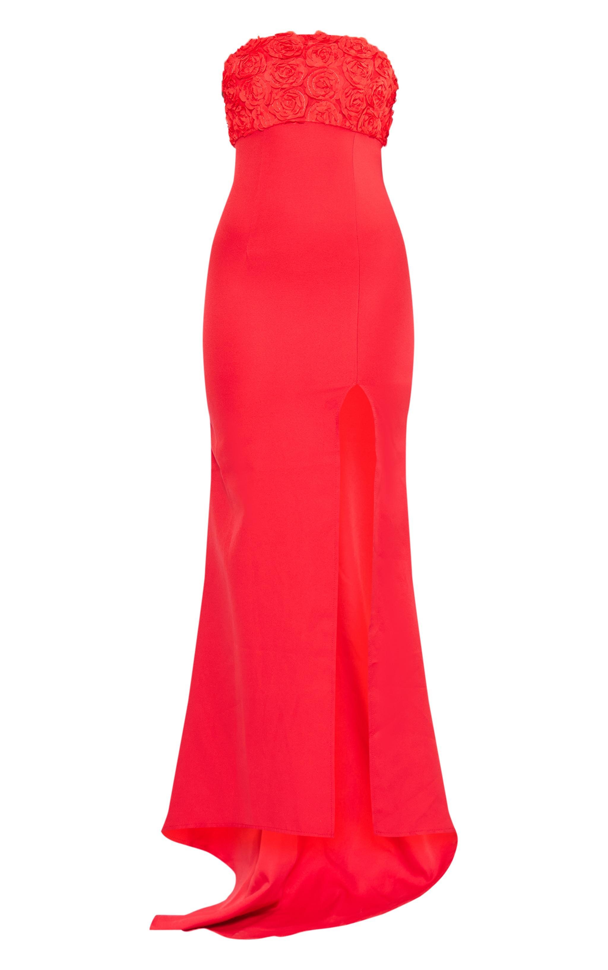 Red Satin Bandeau Rose Detail Split Leg Maxi Dress Product Image