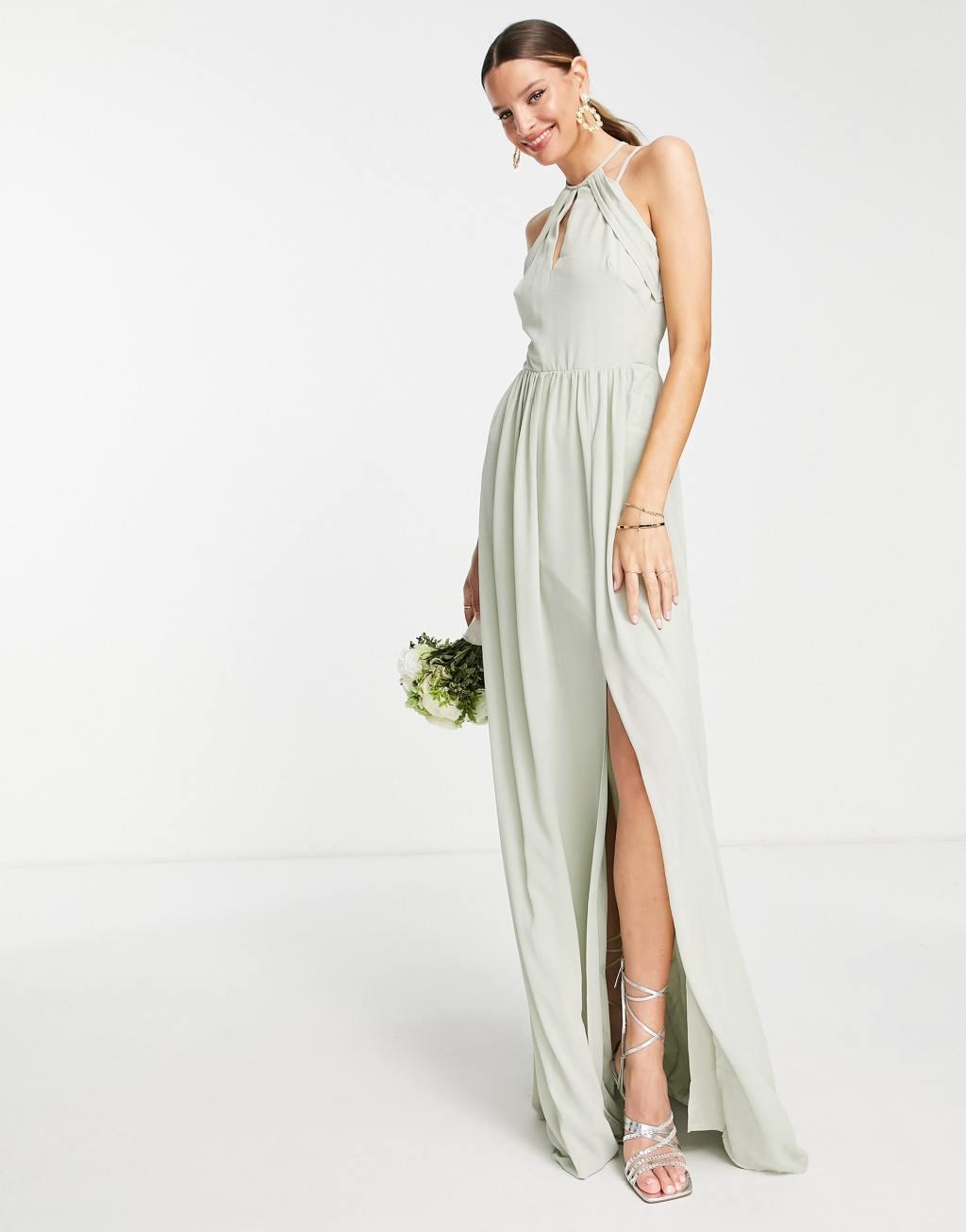 TFNC Tall Bridesmaid strappy back halter neck dress in sage green Product Image