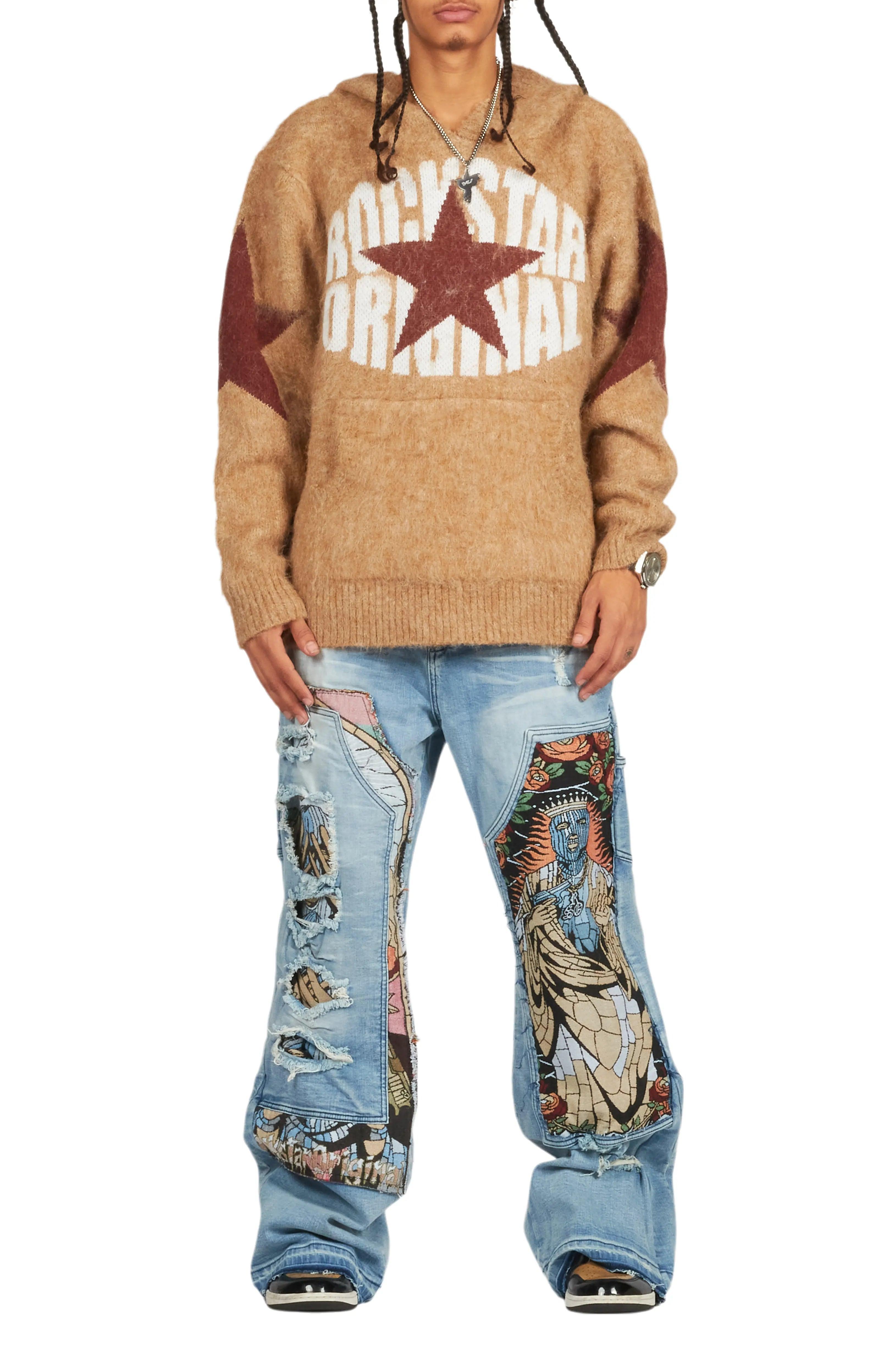 States Brown Graphic Knitted Mohair Hoodie Male Product Image