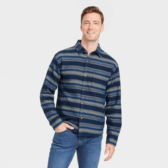 Mens Striped Heavyweight Flannel Long Sleeve Button-Down Shirt - Goodfellow & Co Navy Blue XXL Product Image