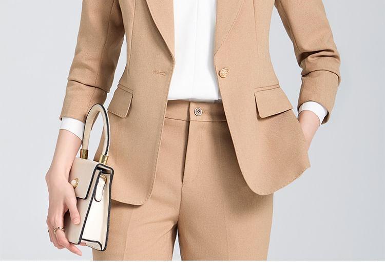 Set: Lapel Collar Plain Single Breasted Blazer + Mid Waist Plain Slacks Product Image