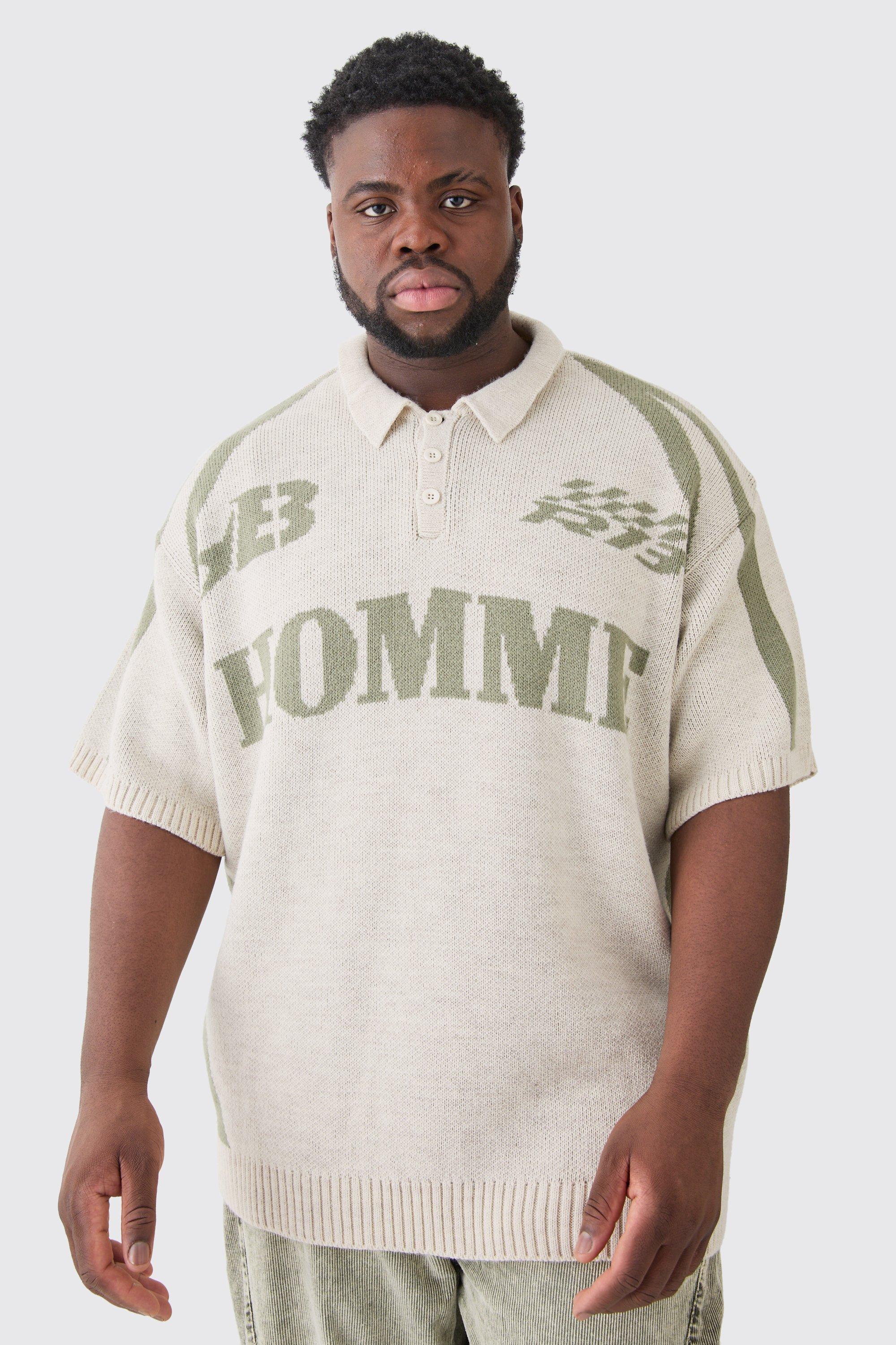 Plus Oversized Homme Knitted Polo In Stone | boohooMAN USA Product Image