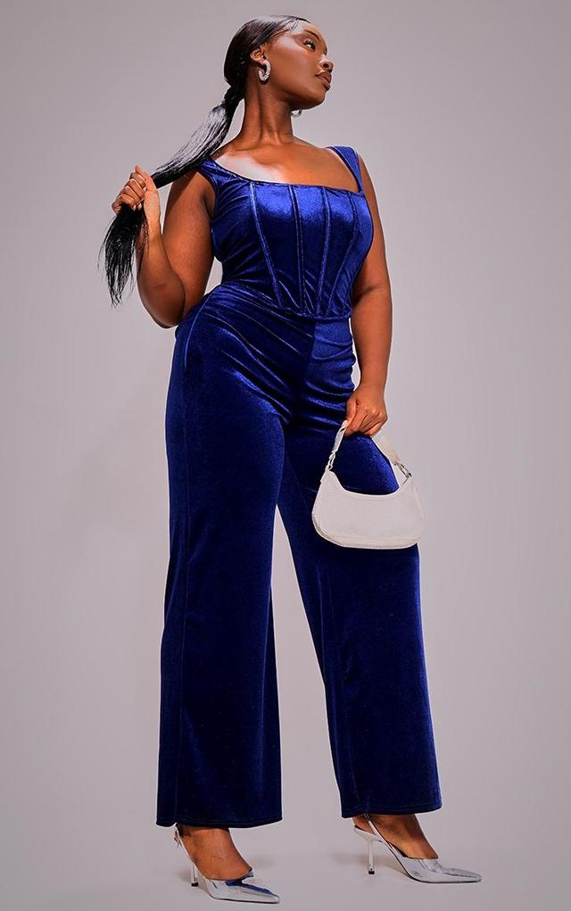 Plus Navy Velvet Corset Detail Jumpsuit Product Image