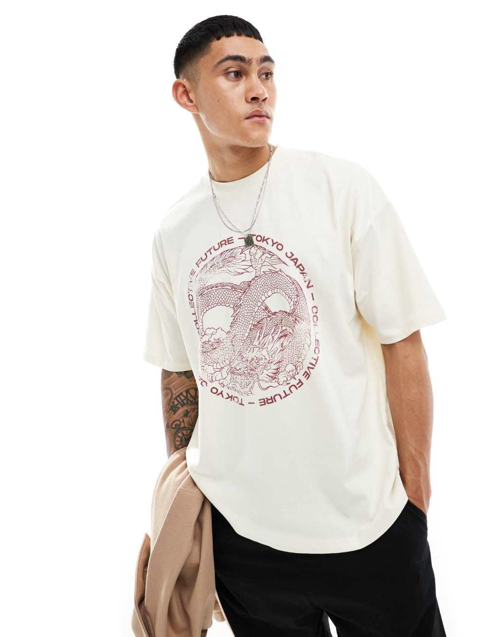 ASOS DESIGN oversized T-shirt in off white with dragon souvenir front print Product Image