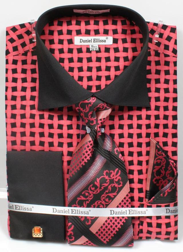 French Cuff Checker Pattern Cotton Shirt in Black/Coral Product Image