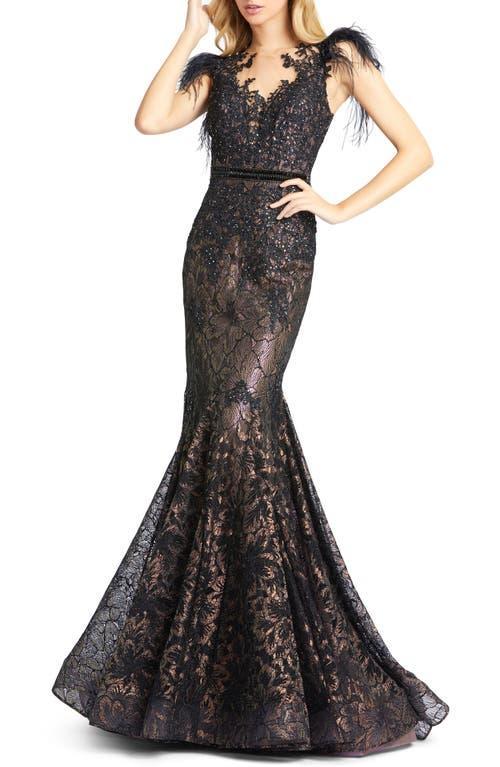 Mac Duggal Illusion Sequin Lace Feather Sleeve Mermaid Gown Product Image