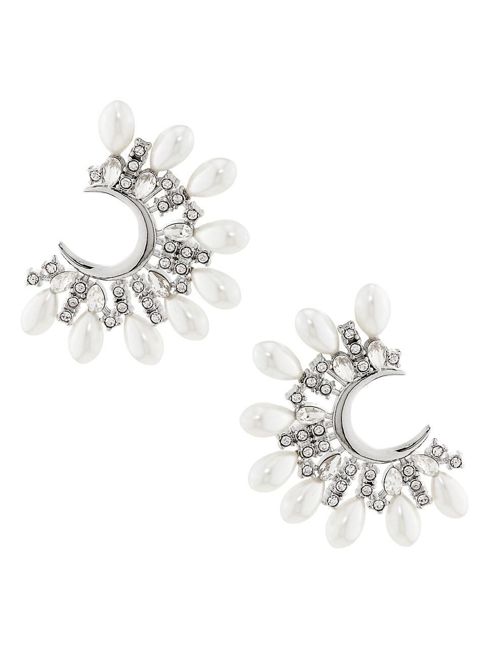 Womens Silvertone, Imitation Pearl & Crystal C-Shaped Earrings Product Image