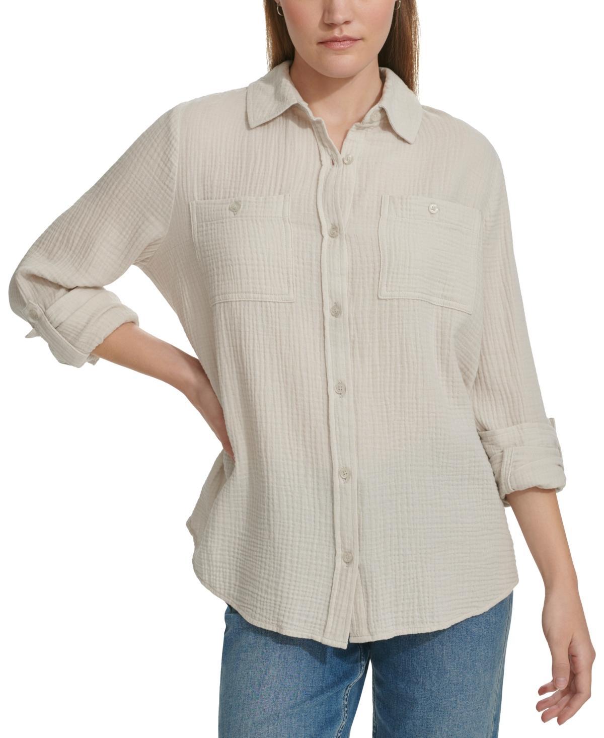 Calvin Klein Jeans Womens Double-Crepe Button-Down Roll-Tab-Sleeve Shirt Product Image