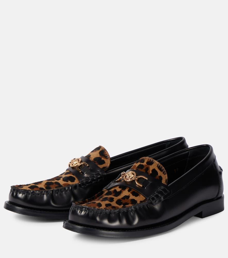 VERSACE 20mm Leather Loafers In Black/leopard Product Image