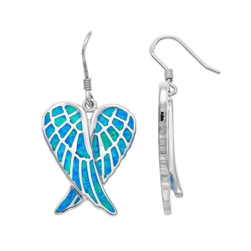 Sterling Silver Lab-Created Blue Opal Angel Wing Drop Earrings, Womens Product Image