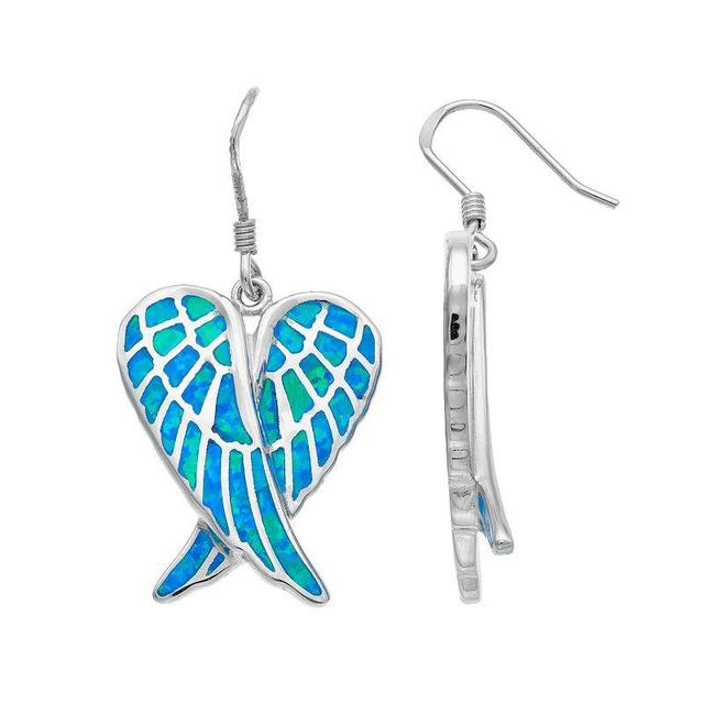 Sterling Silver Lab-Created Blue Opal Angel Wing Drop Earrings, Womens Product Image