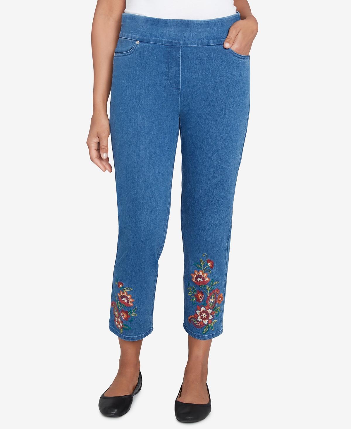 Womens Alfred Dunner Floral Embroidered Ankle Jeans Medium Blue Product Image