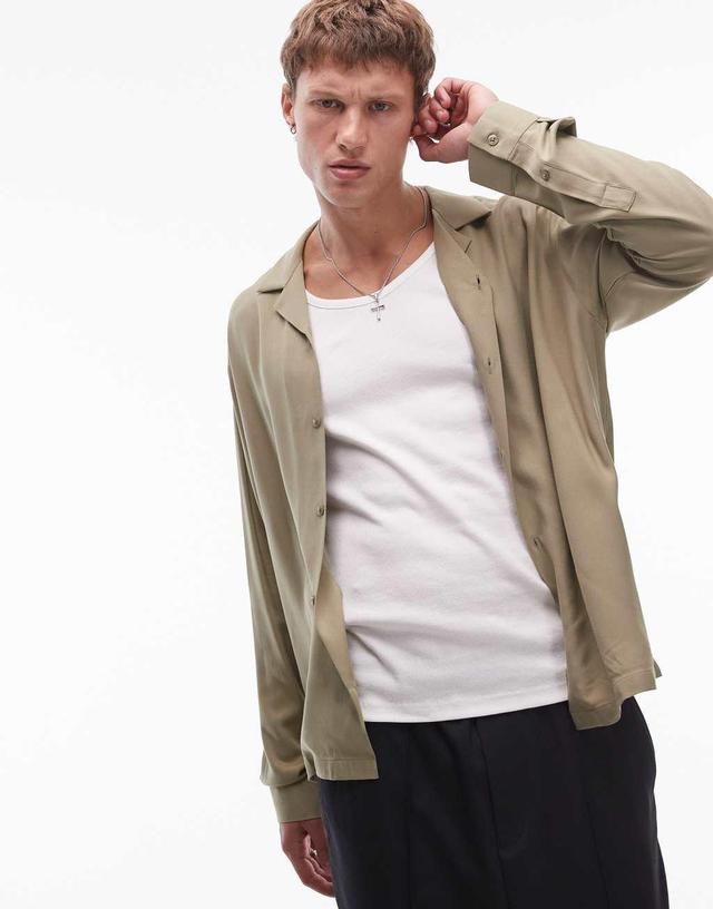 Topman long sleeve viscose shirt in khaki Product Image