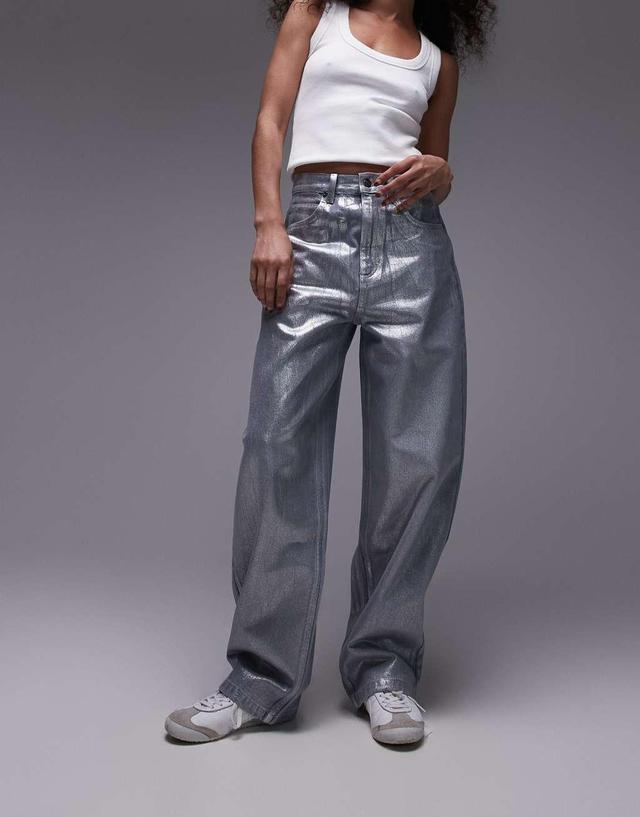 Topshop silver foil high rise baggy jeans in dove gray Product Image