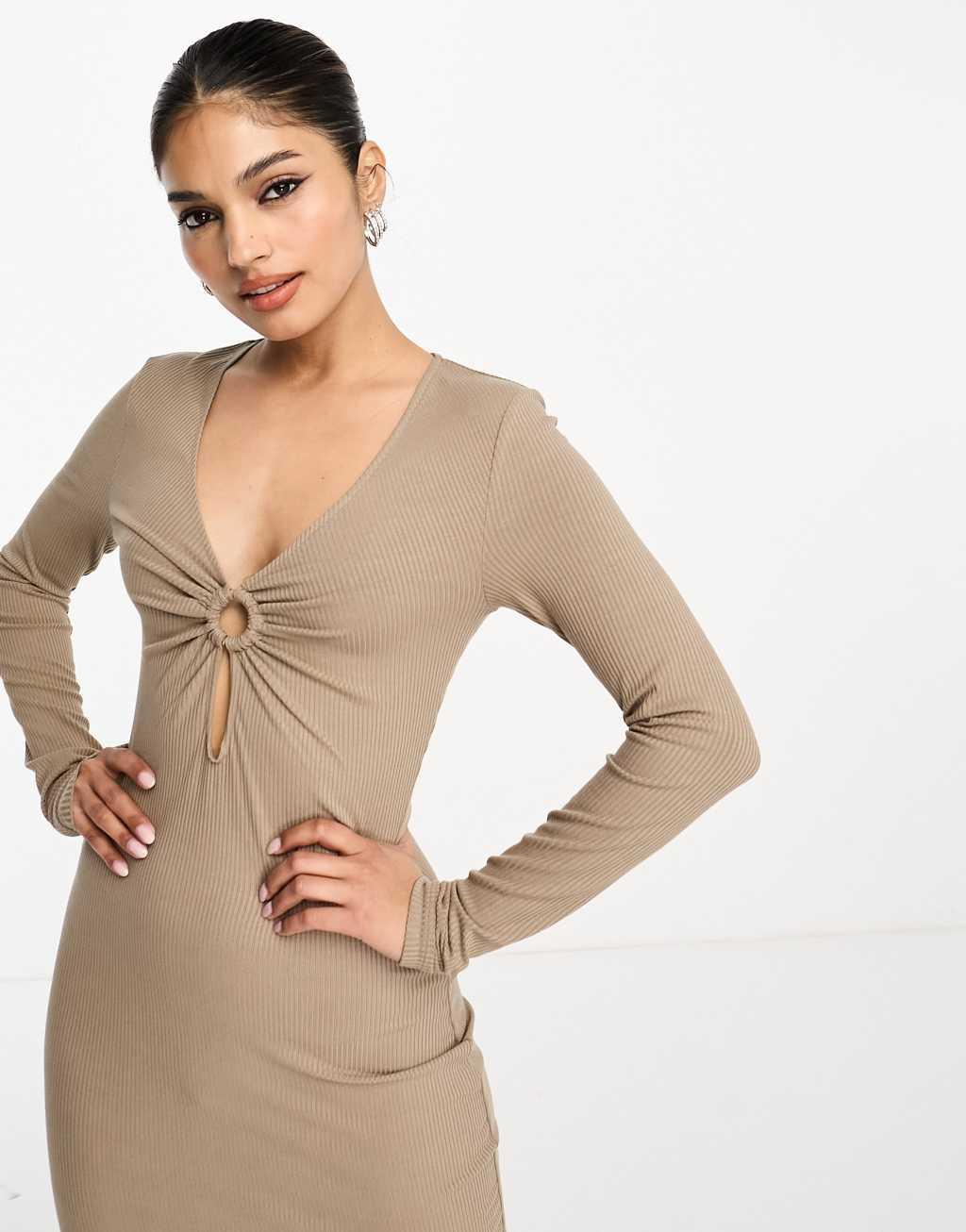 NA-KD ring detail cut out midi dress in beige Product Image