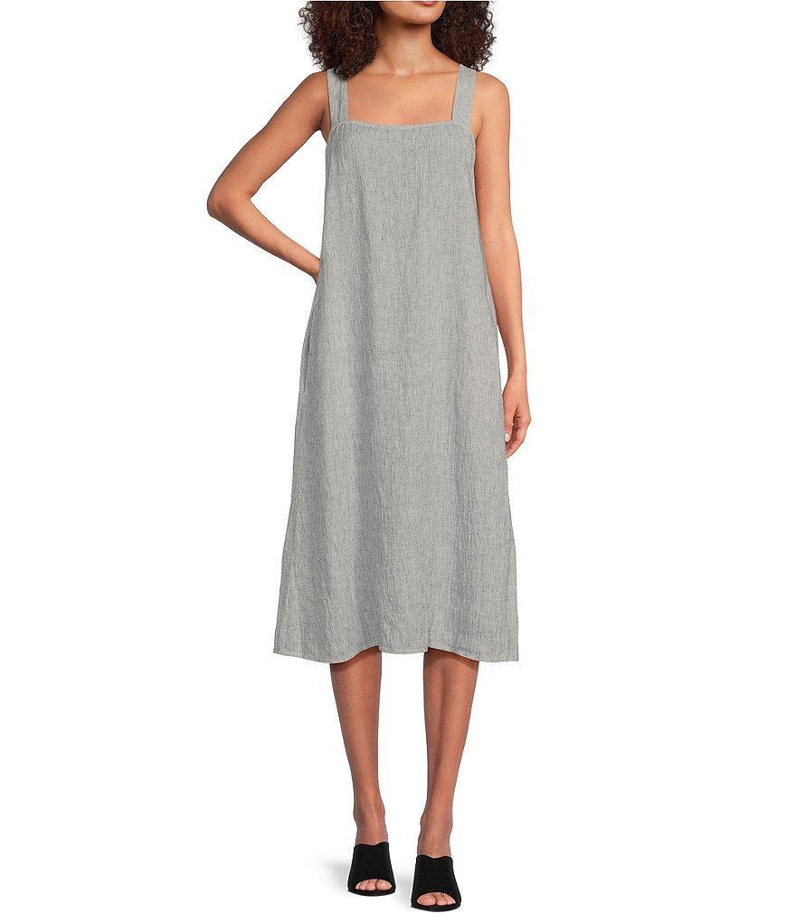 Eileen Fisher Striped Crinkle Organic Linen Square Neck Sleeveless Shift Dress Product Image