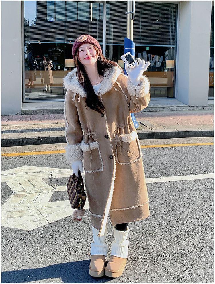 Fleece Trim Hooded Button-Up Long Coat Product Image