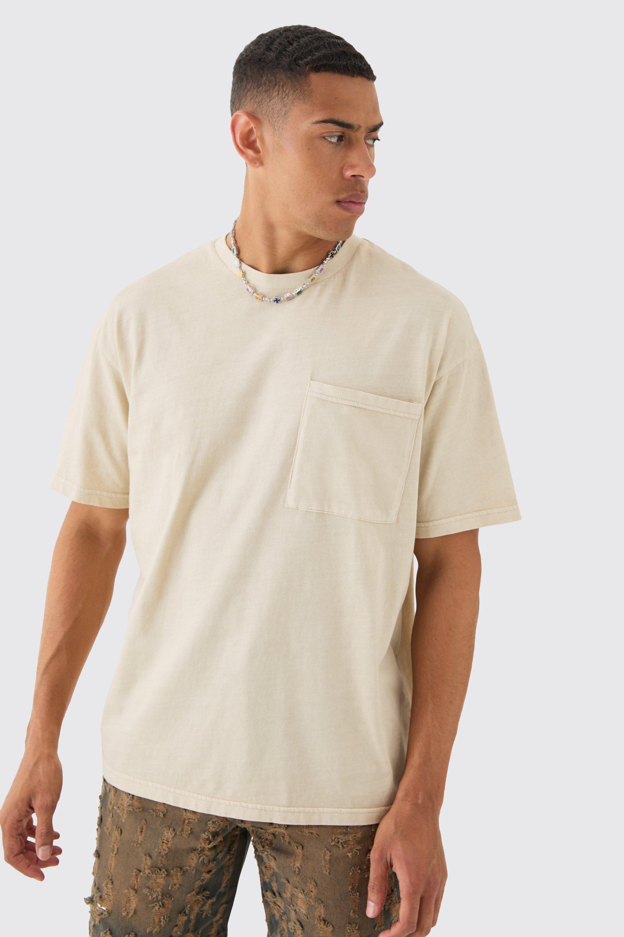 Mens Beige Oversized Wash Pocket T-shirt, Beige Product Image