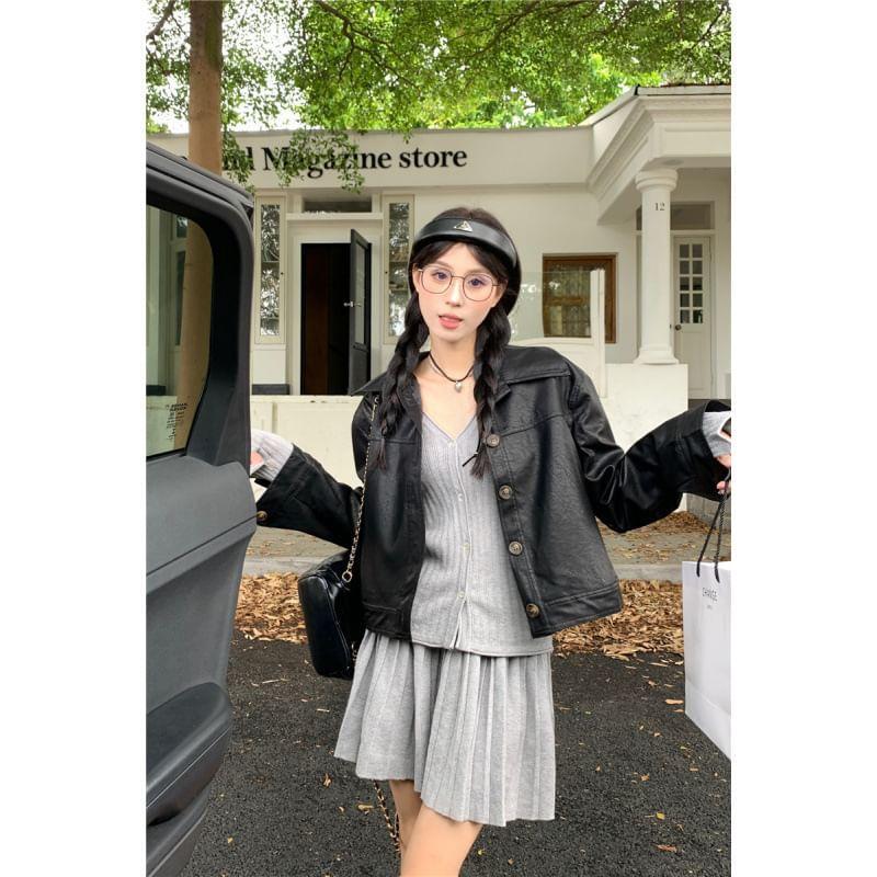 Collared Plain Faux Leather Button Jacket Product Image