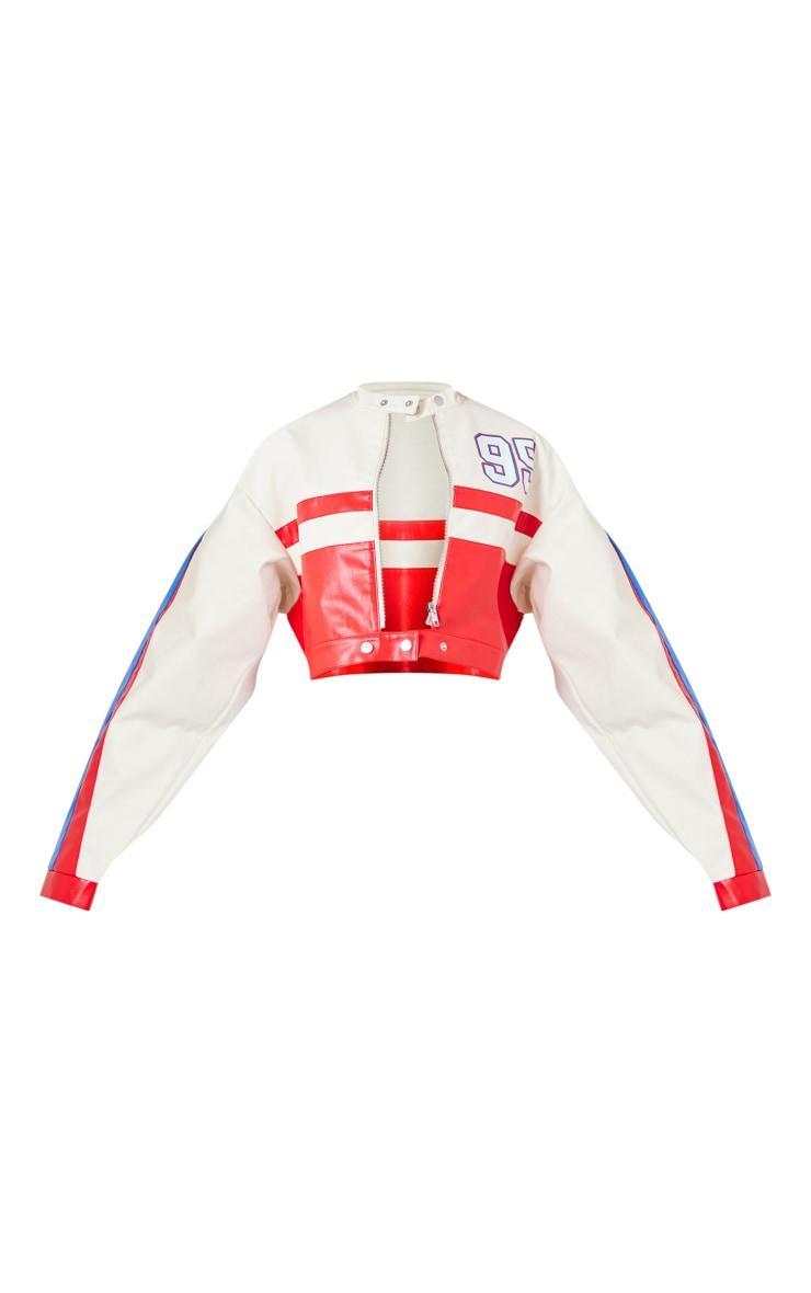 Red And White Contrast Panel Graphic Back Faux Leather Racer Jacket Product Image