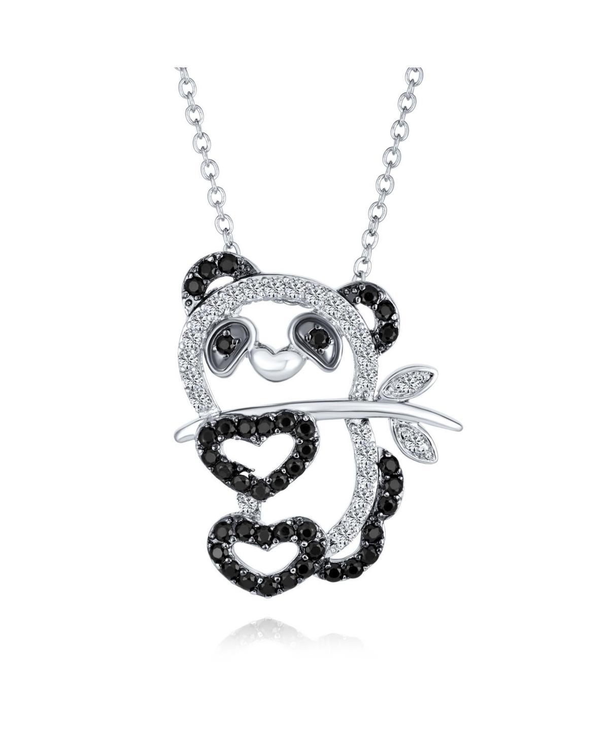 Bling Jewelry Whimsical Cute Zoo Animal Black White Cubic Zirconia Pave Cz Open Panda Bear Pendant Necklace For Women Rhodium Plated Brass - Black cle Product Image