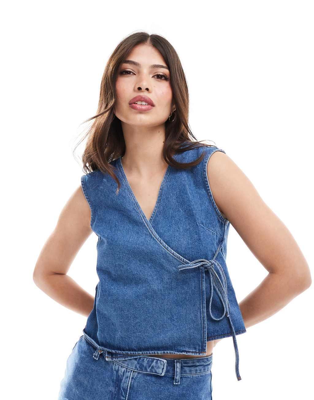 ASOS DESIGN denim wrap top in mid blue product image