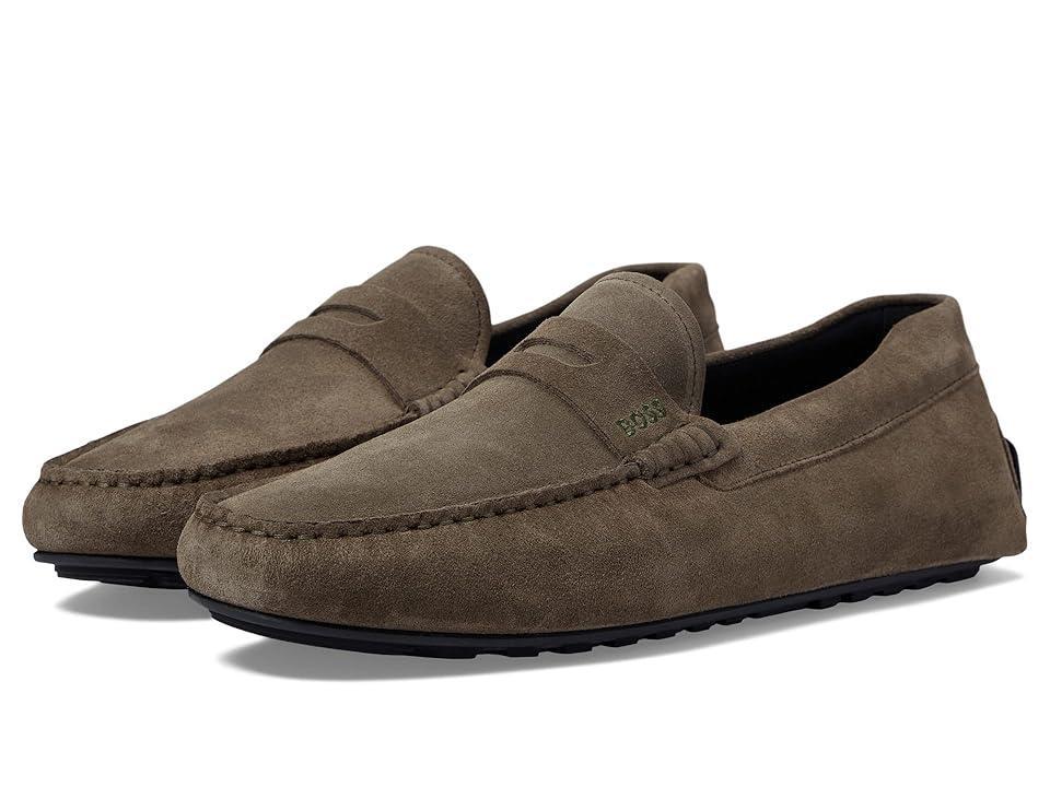 BOSS Noel Suede Penny Loafer Moccasins (Olive Green) Men's Shoes Product Image