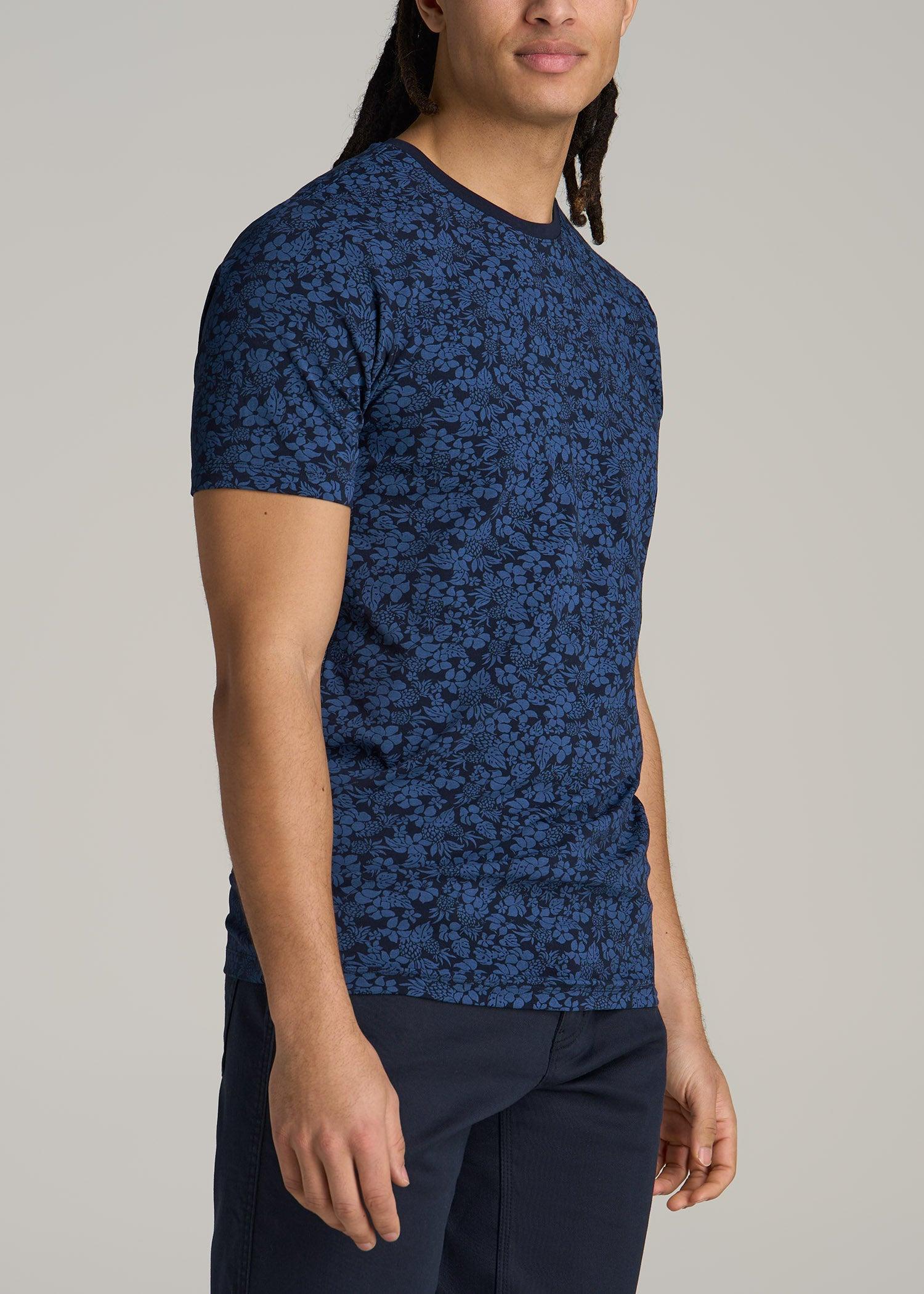 Stretch Pima Cotton Printed Tee for Tall Men in Blue Hibiscus Product Image