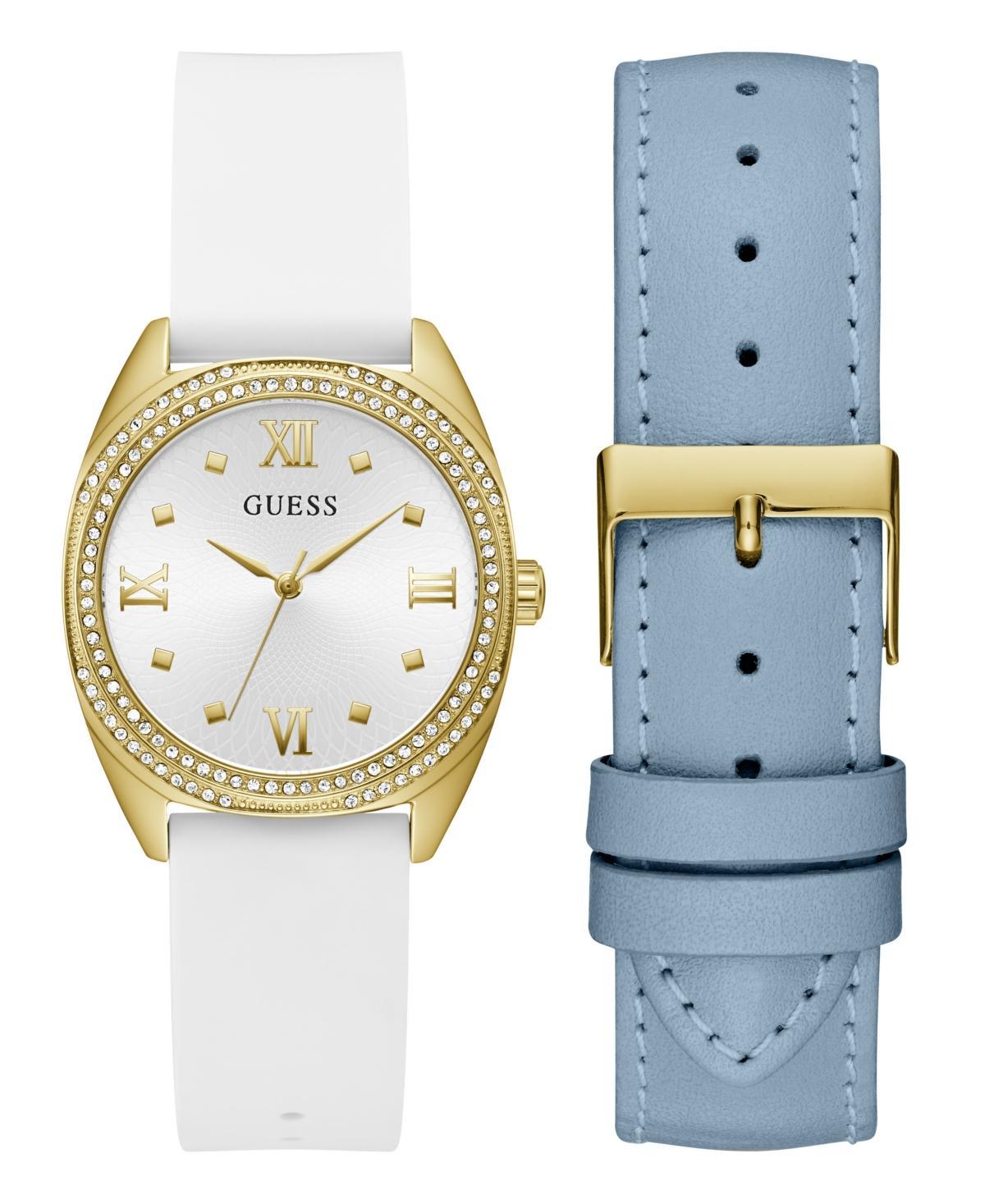 Guess Womens Analog White Silicone and Blue Genuine Leather Watch Set 34mm - White Product Image