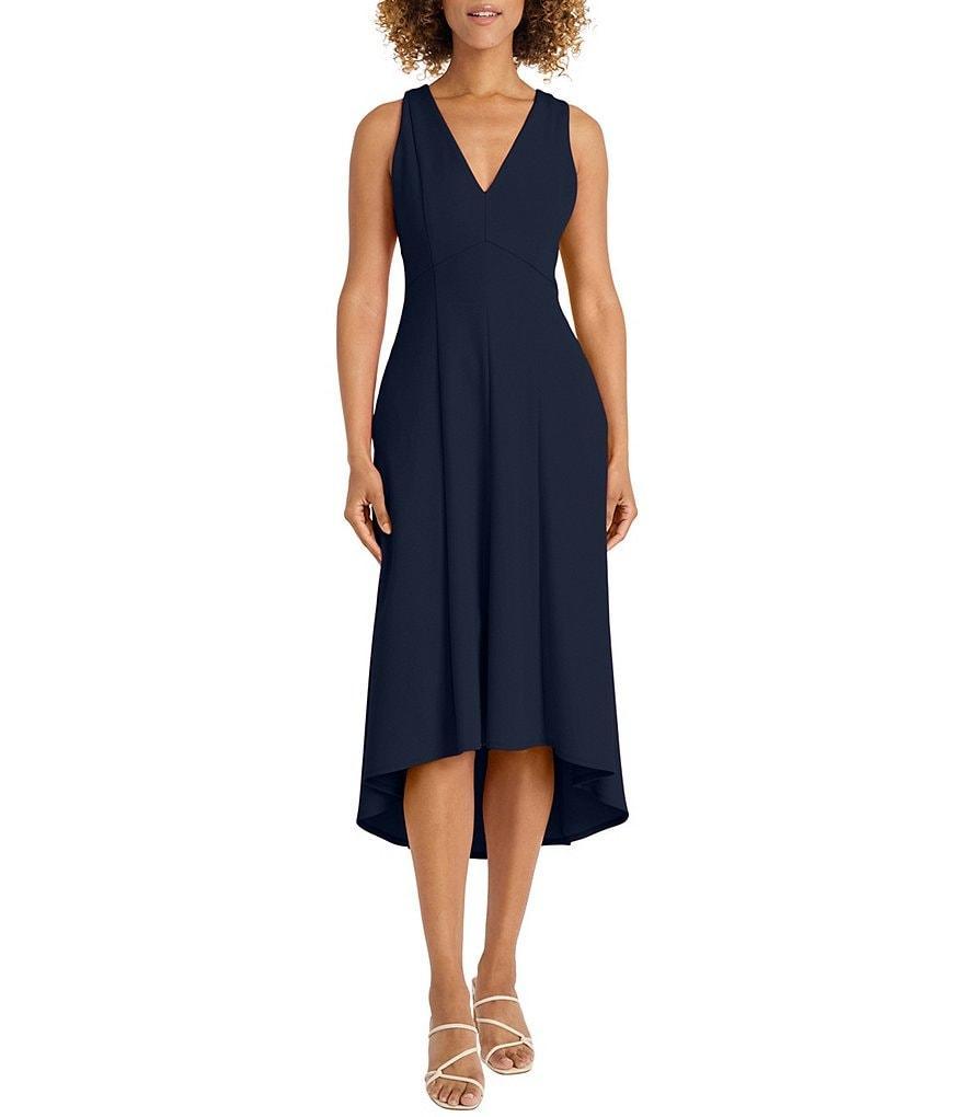 Maggy London Scuba Crepe V-Neck Sleeveless Side Pocket Open Back High Low Midi Dress Product Image