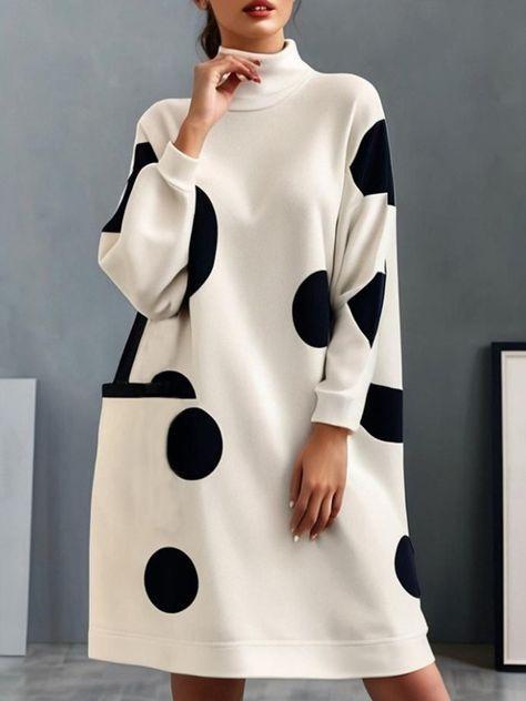 Long Sleeves Loose Pockets Polka-Dot Mock Neck Midi Dresses Product Image