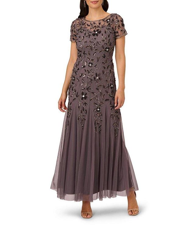 Adrianna Papell Round Neck Short Sleeve Floral Beaded Mesh Godet Fit and Flare Gown Product Image